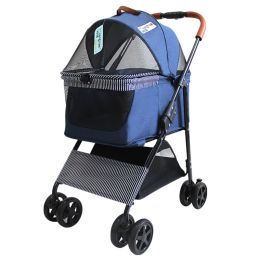 Portable Pet Stroller Cat Trolley, Dog Travel Cart Pram Shockproof Pet Detachable Strolling Cart, Puppy Pushchair Four-Wheeled, One Click Quick Foldin (Color: Blue)
