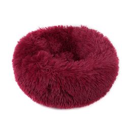 Small Large Pet Dog Puppy Cat Calming Bed Cozy Warm Plush Sleeping Mat Kennel, Round (Color: Wine Red, size: 31in)