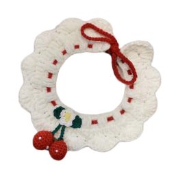 White Pet Handmade Knitted Collar Crochet Cherry Cat Necklace Cute Dog Collar Bib