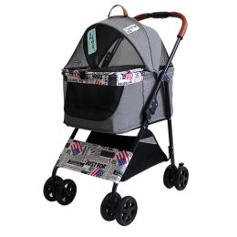 Portable Pet Stroller Cat Trolley, Dog Travel Cart Pram Shockproof Pet Detachable Strolling Cart, Puppy Pushchair Four-Wheeled, One Click Quick Foldin (Color: Gray)