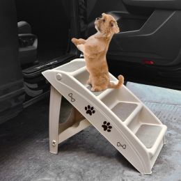 Collapsible Plastic Pet Stairs 4 Step Ladder for Small Dog and Cats (Color: beige)
