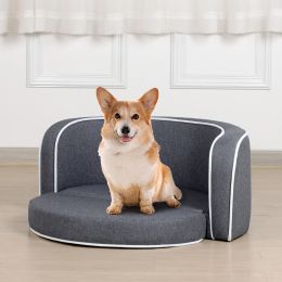 30" Brown Round Pet Sofa, Dog sofa, Dog bed, Cat Bed, Cat Sofa, with Wooden Structure and Linen Goods White Roller Lines on the Edges Curved Appearanc (Color: Gray)
